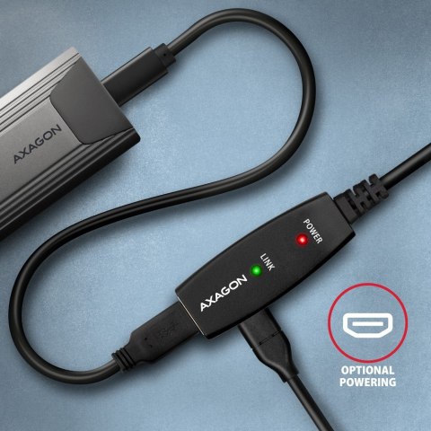 AXAGON ADR-305 Przedłużacz aktywny USB-A (wtyk) - USB-A (gniazdo) 5 m, USB 5Gbps, opcjonalne zasilanie micro USB, możliwość łączenia