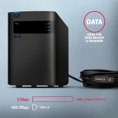 AXAGON ADR-305 Przedłużacz aktywny USB-A (wtyk) - USB-A (gniazdo) 5 m, USB 5Gbps, opcjonalne zasilanie micro USB, możliwość łączenia