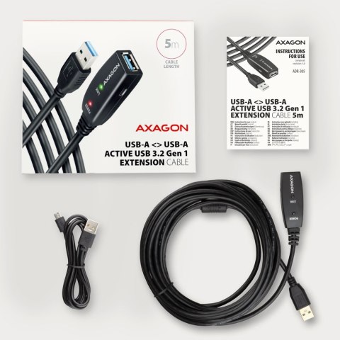 AXAGON ADR-305 Przedłużacz aktywny USB-A (wtyk) - USB-A (gniazdo) 5 m, USB 5Gbps, opcjonalne zasilanie micro USB, możliwość łączenia