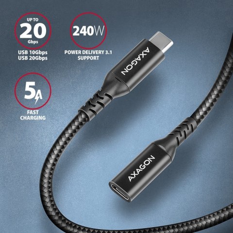 AXAGON BUCM32-CF10AB Przedłużacz USB-C (wtyk) - USB-C (gniazdo) 1 m, USB 20Gbps, PD 240W, wideo 8K/60Hz, aluminiowe wtyki, w oplocie, c