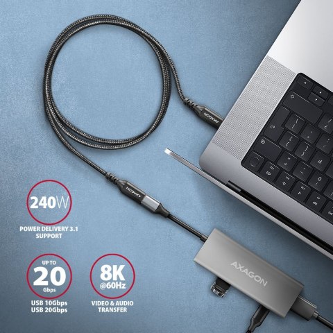 AXAGON BUCM32-CF10AB Przedłużacz USB-C (wtyk) - USB-C (gniazdo) 1 m, USB 20Gbps, PD 240W, wideo 8K/60Hz, aluminiowe wtyki, w oplocie, c