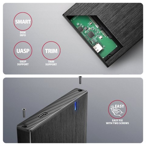 AXAGON EE25-XA6C Obudowa zewnętrzna na dysk 2,5" SATA SSD/HDD (do 9,5 mm), USB-C 5Gbps, UASP/TRIM, aluminiowa, kabel USB-C - USB-A 50 c