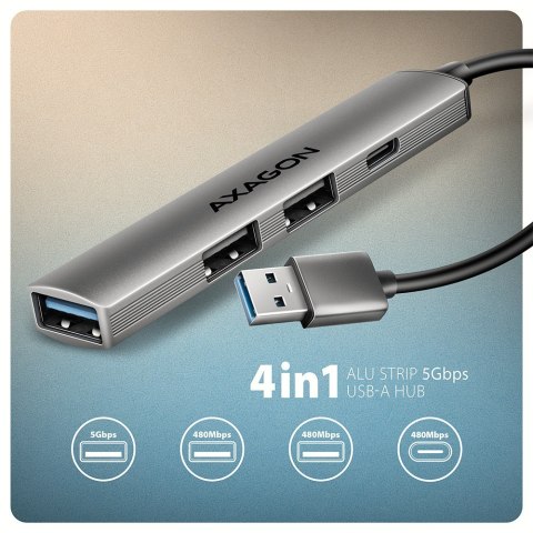 AXAGON HUE-STA Hub USB-A ALU STRIP 4-portowy, 1x USB-A 5Gbps, 2x USB-A 2.0, 1x USB-C 2.0, kabel 12 cm