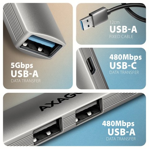 AXAGON HUE-STA Hub USB-A ALU STRIP 4-portowy, 1x USB-A 5Gbps, 2x USB-A 2.0, 1x USB-C 2.0, kabel 12 cm