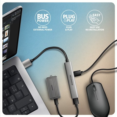AXAGON HUE-STA Hub USB-A ALU STRIP 4-portowy, 1x USB-A 5Gbps, 2x USB-A 2.0, 1x USB-C 2.0, kabel 12 cm