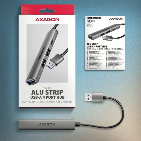 AXAGON HUE-STA Hub USB-A ALU STRIP 4-portowy, 1x USB-A 5Gbps, 2x USB-A 2.0, 1x USB-C 2.0, kabel 12 cm