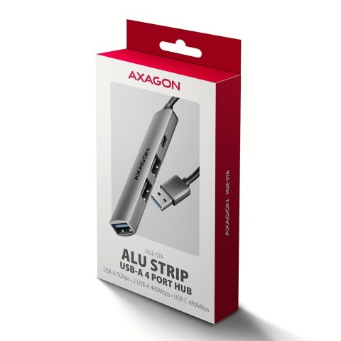AXAGON HUE-STA Hub USB-A ALU STRIP 4-portowy, 1x USB-A 5Gbps, 2x USB-A 2.0, 1x USB-C 2.0, kabel 12 cm