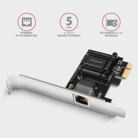 AXAGON PCEE-G50 Karta sieciowa PCIe 3.1 x1, port RJ-45 5GbE (5/2.5/1G), chipset Realtek RTL8126, PXE, Wake-on-LAN, radiator, śledź SP/L
