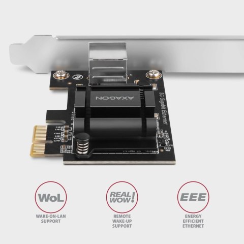 AXAGON PCEE-G50 Karta sieciowa PCIe 3.1 x1, port RJ-45 5GbE (5/2.5/1G), chipset Realtek RTL8126, PXE, Wake-on-LAN, radiator, śledź SP/L