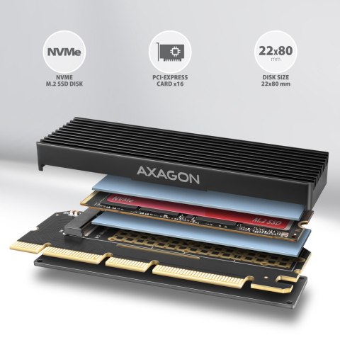 AXAGON PCEM2-XS Adapter PCIe x4 na dysk M.2 NVMe 2230-2280, radiator aluminiowy, LED, bootowalny