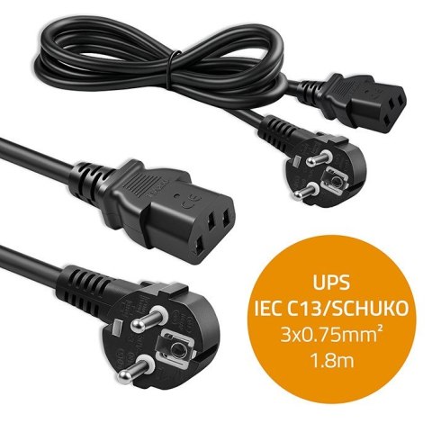 Qoltec Kabel zasilający | wtyczka kątowa SCHUKO CEE 7/7 (E/F) | IEC C13 | 3x0.75mm2 | czysta miedź Cu | 1.8m