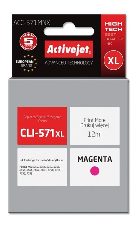 Activejet Activejet ACC-571MNX Tusz (zamiennik Canon CLI-571XLM; Supreme; 12 ml; czerwony)