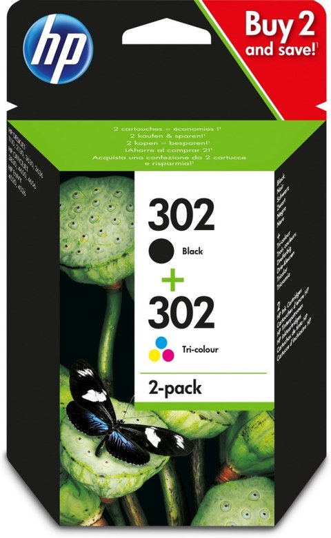 Hewlett-Packard Tusz HP zestaw HP 302+HP 302, HP302+HP302=X4D37AE, zawiera czarny i kolor, F6U66AE+F6U65AE