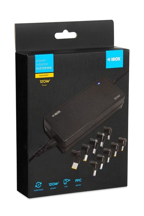 IBOX UNIWERSALNY ZASILACZ DO LAPTOPA I-BOX IUZ120WA AUTO, 10 WTYCZEK