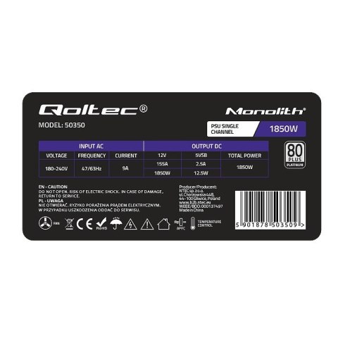 Qoltec QOLTEC ZASILACZ PCI-E 1850W | 80 PLUS PLATINUM | GAMING MINER