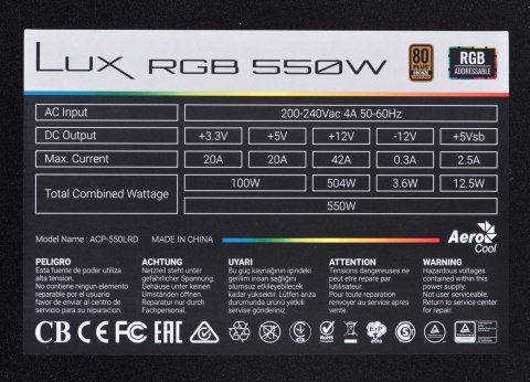 Aerocool Zasilacz Aerocool LUX AEROPGSLUXRGB-550 (550 W; 120 mm)