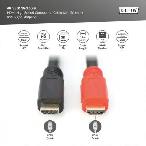 Digitus Kabel połączeniowy HDMI HighSpeed z Ethernetem ze wzmacniaczem 4K 30Hz UHD HDMI A/A M/M 15m