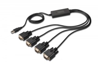Digitus Kabel adapter USB-A 2.0 męski do 4x RS232 (DB9) męski | Chipset FTDI FT2232H | Czarny | Mocowanie na śruby | 1.5m