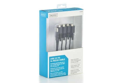 Digitus Kabel adapter USB-A 2.0 męski do 4x RS232 (DB9) męski | Chipset FTDI FT2232H | Czarny | Mocowanie na śruby | 1.5m