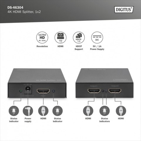 Digitus Rozdzielacz/Splitter HDMI 2-portowy, 4K 30Hz UHD 3D, HDCP 1.3, audio
