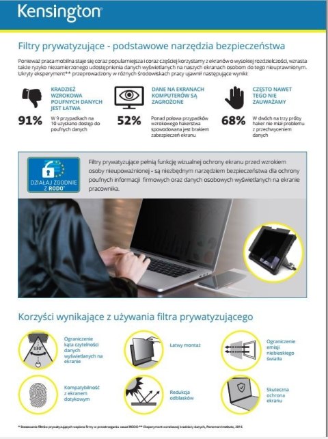 Kensington Filtr prywatyzujący, 2-stronny, zdejmowany, do monitora, 24 cale, 16:10
