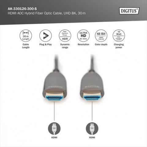Digitus Kabel połączeniowy hybrydowy HDMI AOC | HDMI-A męski-męski | HDMI 2.1 | UHD-2 8K@60Hz | 48Gbps |HDR, eARC, HDCP 2.2, CEC | 30m