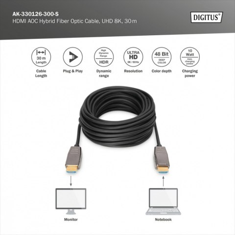 Digitus Kabel połączeniowy hybrydowy HDMI AOC | HDMI-A męski-męski | HDMI 2.1 | UHD-2 8K@60Hz | 48Gbps |HDR, eARC, HDCP 2.2, CEC | 30m