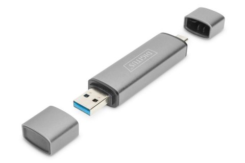 Digitus Czytnik kart 3-portowy USB Typ C/ USB 3.0 SuperSpeed SD Micro SD HQ aluminium Szary