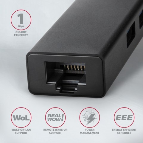 AXAGON HMA-GL3A Wieloportowy hub USB 4in1, 5Gbps, 3x USB-A + GLAN, metalowy, 20cm USB-A kabel