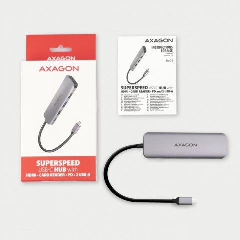 AXAGON HMC-5 Wieloportowy hub USB 5in1, 5Gbps, 2x USB-A, HDMI 4K/30Hz, SD/microSD, PD 100W, 20cm USB-C kabel