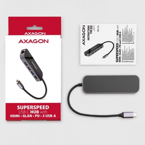 AXAGON HMC-6GL Wieloportowy hub USB 6in1, 5Gbps, 3x USB-A, HDMI 4K/30Hz, GLAN, PD 100W, 20cm USB-C kabel