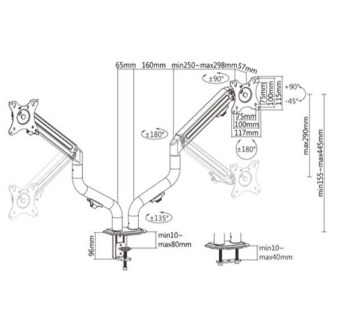 Gembird Ramię na dwa monitory biurkowe (regulowane), od 17 cali do 32 cali, obciążenie do 8kg