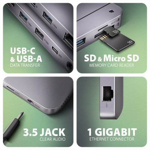 AXAGON HMC-12GM2 Wieloportowy hub USB 12in1 + M.2 NVMe/SATA pozycja, 10Gbps, 3x USB-A, USB-C, HDMI 4K/60Hz, DP 4K/60Hz, GLAN, SD/microS