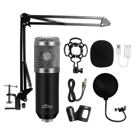 Media-Tech Mikrofon pojemnościowy, studyjny z zestawem akcesoriów STUDIO AND STREAMING MICROPHONE MT397S (Srebrny)