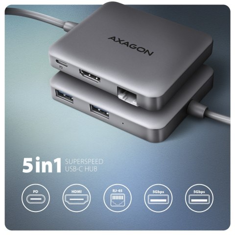AXAGON HMC-5HL Wieloportowy hub USB 5in1, 5Gbps, 2x USB-A, HDMI 4K/60Hz, GLAN, PD 100W, 15cm USB-C kabel
