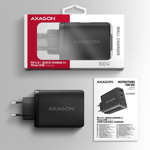 AXAGON ACU-DPQ100 Ładowarka sieciowa GaN 100W, 3x port (USB-A + dual USB-C) PD3.0/QC4+/PPS/Apple Czarna