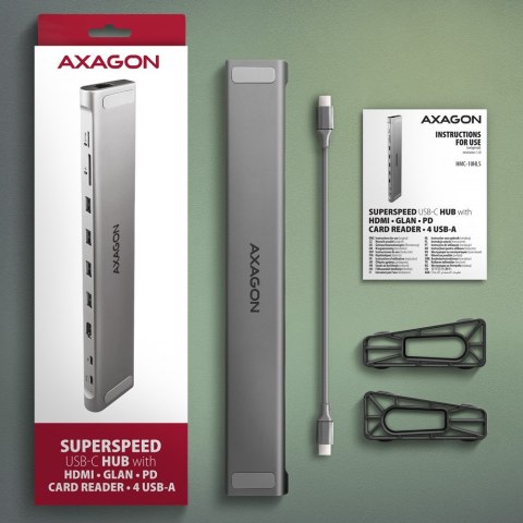 AXAGON HMC-10HLS Wieloportowy hub USB 9in1, 5Gbps, 4x USB-A, HDMI 4K/60Hz, GLAN, SD/microSD, PD 100W, 25cm USB-C kabel