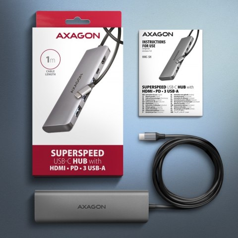 AXAGON HMC-5H Wieloportowy hub USB 5in1, 5Gbps, 3x USB-A, HDMI 4K/30Hz, PD 100W, 100cm USB-C kabel