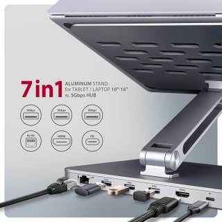 AXAGON HMC-STND Stojak z wieloportowy hub Aluminiowy 7in1, 5Gbps, do 10"-16" cali laptopów, nastawny, 3x USB-A, HDMI 4K/60Hz, GLAN, PD 