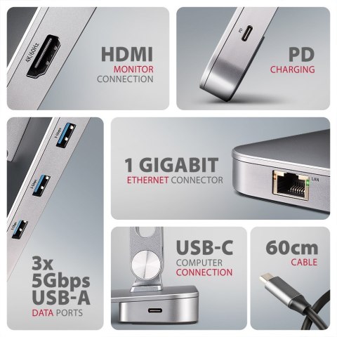 AXAGON HMC-STND Stojak z wieloportowy hub Aluminiowy 7in1, 5Gbps, do 10"-16" cali laptopów, nastawny, 3x USB-A, HDMI 4K/60Hz, GLAN, PD 