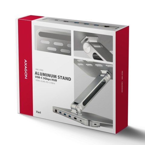 AXAGON HMC-STND Stojak z wieloportowy hub Aluminiowy 7in1, 5Gbps, do 10"-16" cali laptopów, nastawny, 3x USB-A, HDMI 4K/60Hz, GLAN, PD 