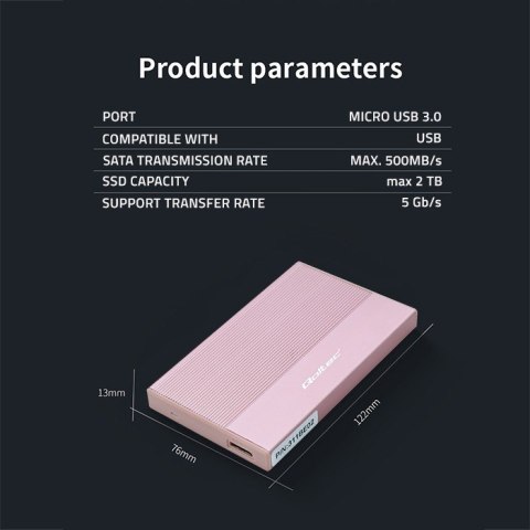 Qoltec Obudowa | Kieszeń na dysk SSD HDD 2.5 cala | SATA | USB 3.0 | Super speed 5Gb/s | 2TB | Różowy