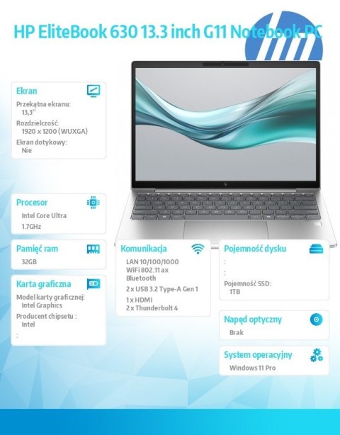 HP Inc. Laptop EliteBook 630 G11 U7-165U 1TB/32GB/W11P/13,3 cala A37VQET