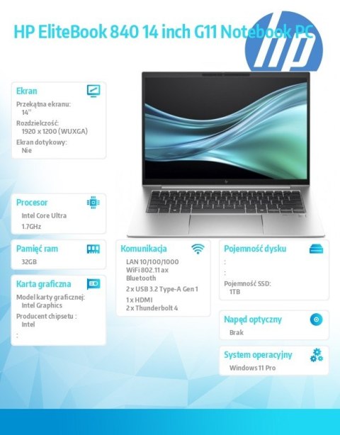 HP Inc. Laptop EliteBook 840 G11 U7-155U 1TB/32GB/W11P/14.0 9G0V7ET