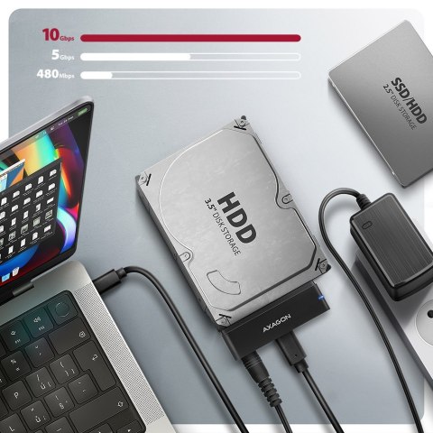 AXAGON ADSA-FPX Adapter USB-C 10Gbps SATA 6G 2.5/3.5 cala SSD/HDD FASTPORT X, w tym zasilacz, 60cm USB-C/USB-A kabel