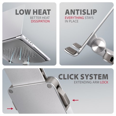 AXAGON STND-LR Podstawa do laptopów aluminiowa 10-17.3 cala regulowane kąty nachylenia, obrót o 360 stopni, Szara