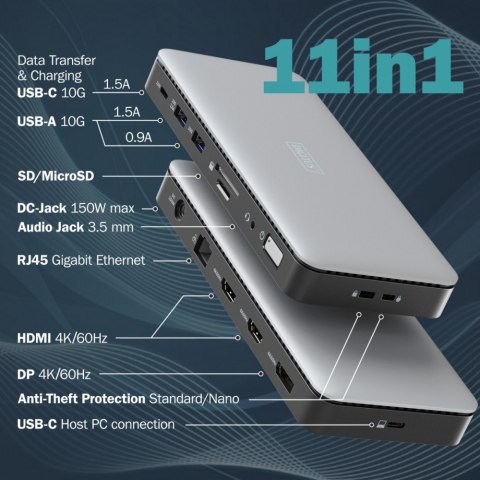 Digitus Stacja dokująca USB-C 11 portowa, max. 4K/60Hz z HDR, HDMI, DP, max. 3 monitory (MST), USB-C 3.2 Gen2, Gigabit Ethernet, SD/Micr