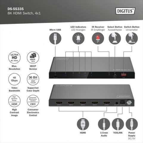 Digitus Przełącznik / Switch HDMI 4x1, 8K/60Hz (4:4:4) z HDR, 48 Gbps, HDCP 2.3, Toslink / Stereo, EDID