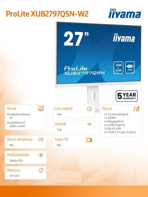 IIYAMA Monitor 27 cali XUB2797QSN-W2 IPS,QHD,USB-c Dock,HDMI,DP,PD-65W,2x2W, 4xUSB(3.2),300cd/m2,80M:1,sRGB:99%/5y/