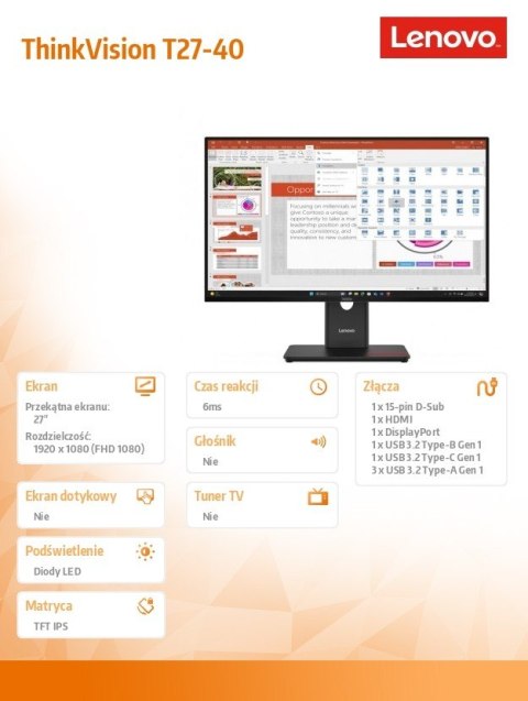Lenovo Monitor ThinkVision T27-40 27 cali 64A5MAT6EU